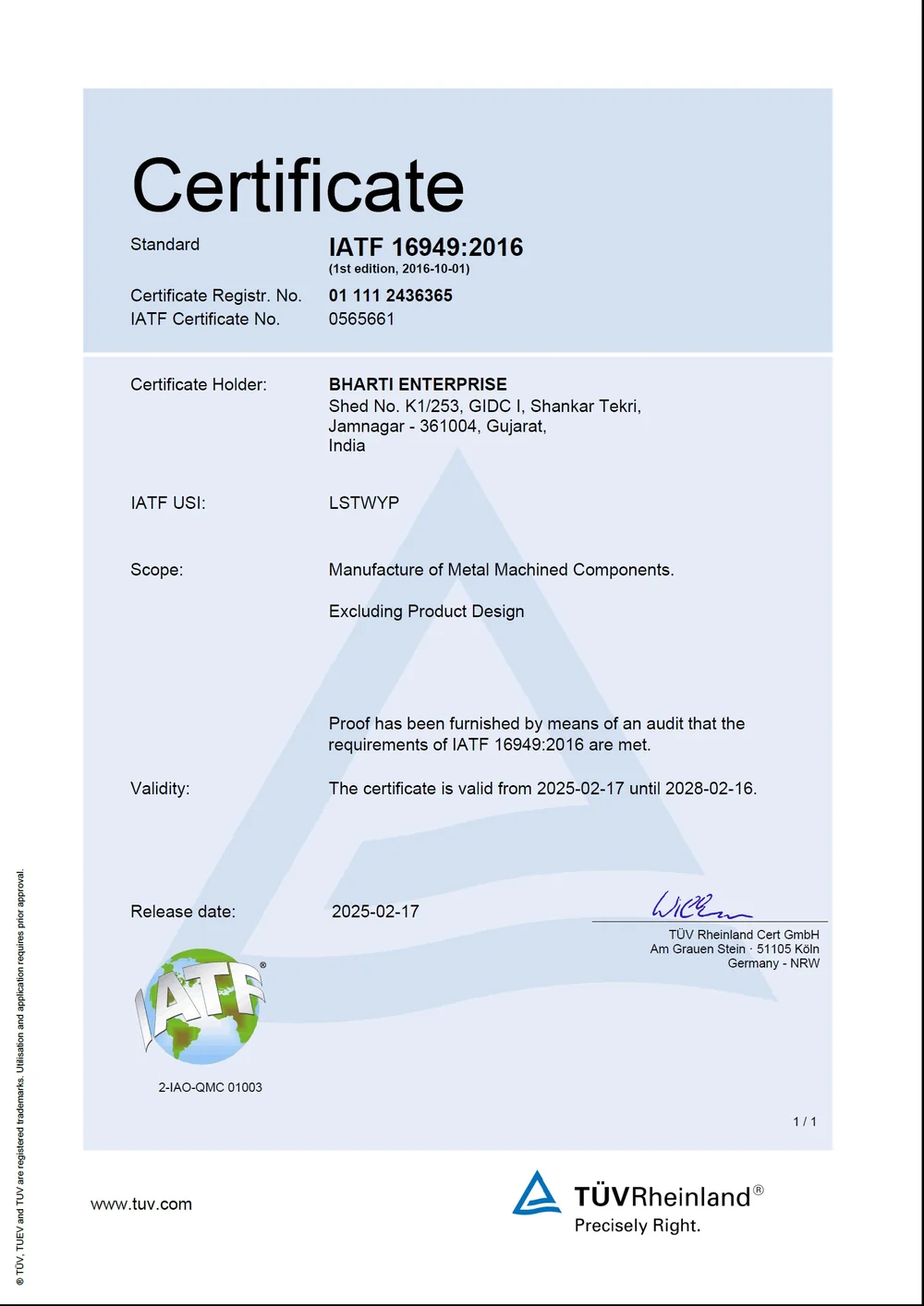 IATF 16949:2016 certificate — Bharti Enterprise